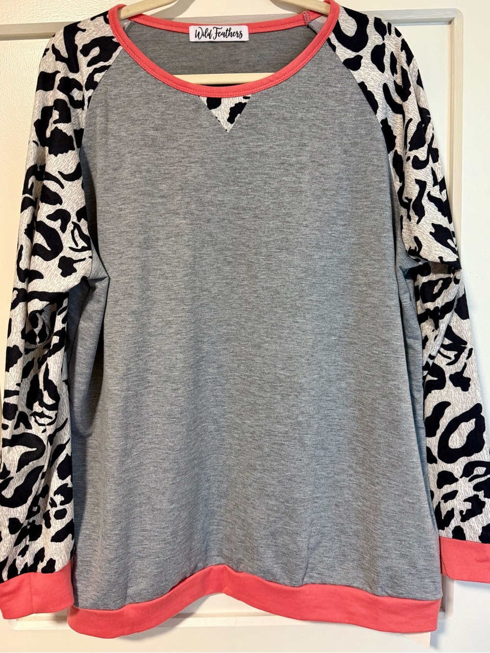 Gray Sweatshirt with Coral Trim and Black & White Leopard Sleeves